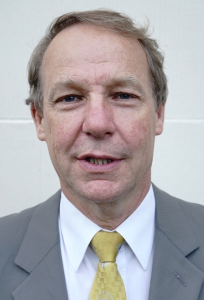 Man with white background in gray suit with a yellow tie