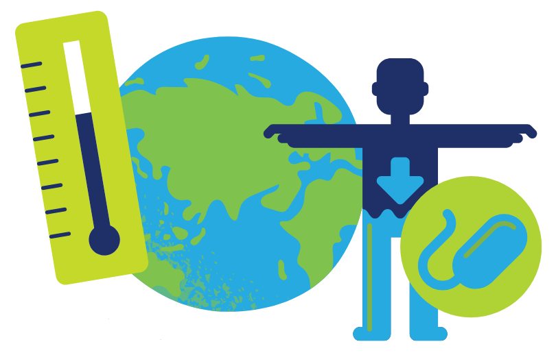 An icon symbolizing climate change with a planet earth with a thermometer in front and a figure of a person with cholera, showing water depleting and a cholera bacteria