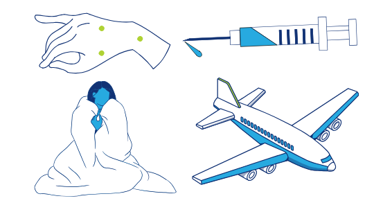 Image showing a hand with pox, syringe, kid with blankets, plane