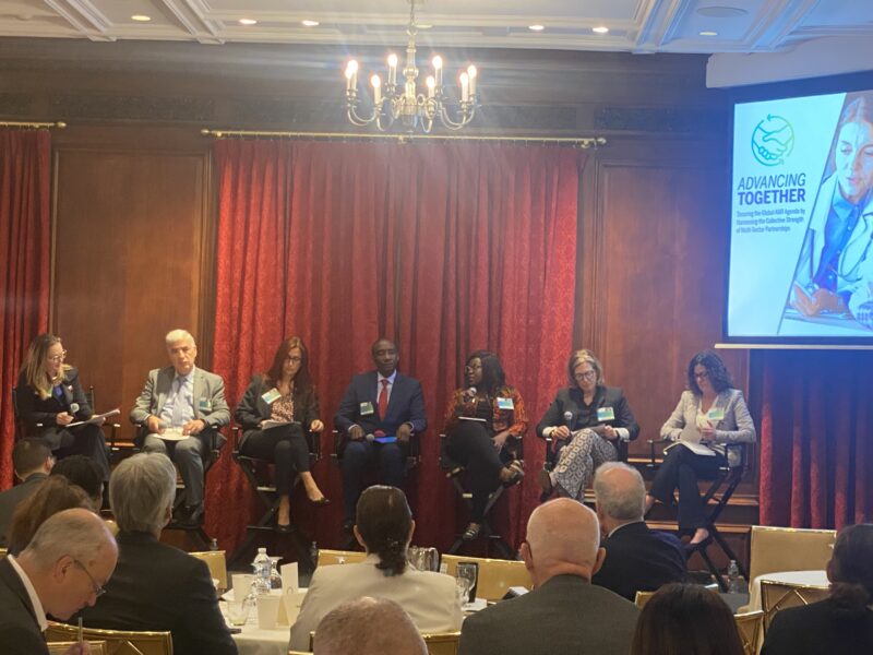 The panel discussion of “Advancing Together” event with Lori Russell, Françoise Vanni, Beth Battaglino, Juan Pablo Uribe, Yewande Alimi, Kefas Samson, and Maria Lettinl 