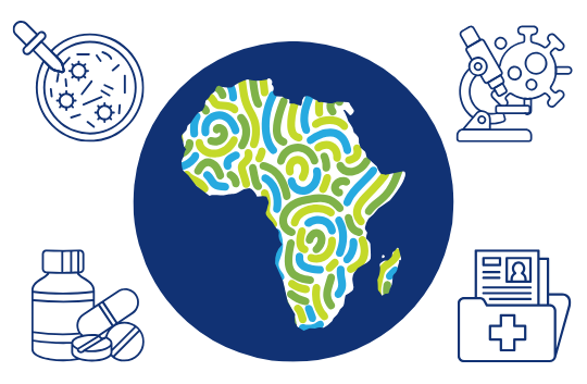 Outline of the African continent with symbols for bacteriology, AMR, and medical records around it.