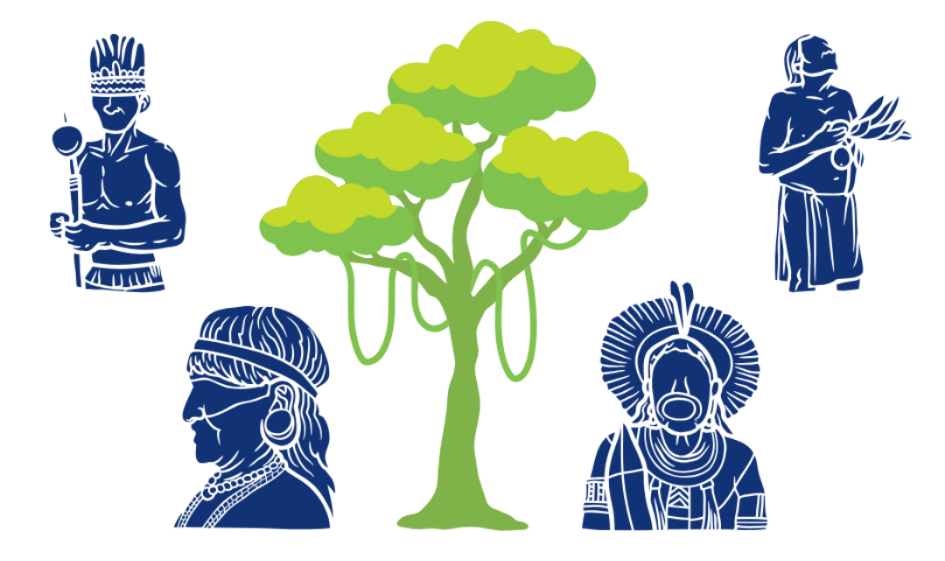 Silhouettes of Amazonian indigenous people and the silhouette of an Amazonian tree