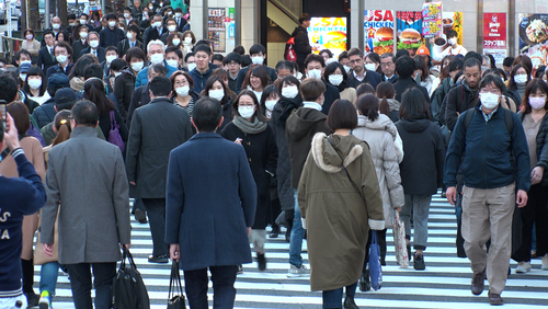 People walking around in masks in Tokyo, japan