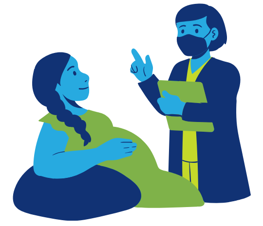 Pregnant woman relaxed and laying back as she talks to a midwife