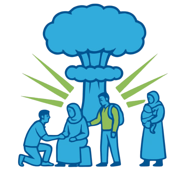 icons of people with a doctor on bended knee in front of an explosion