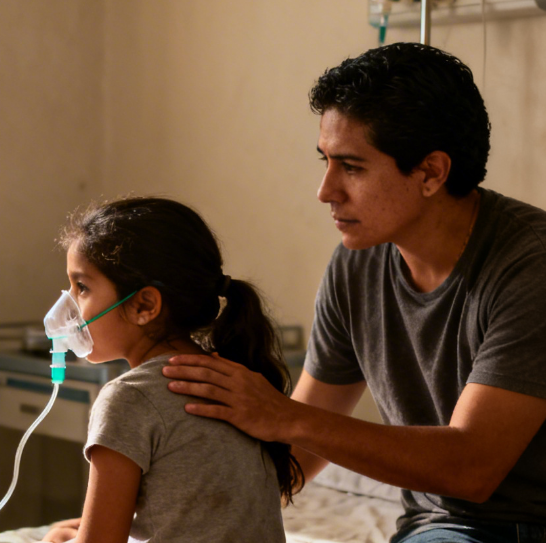 Father with daughter using an oxygen mask in a hospital